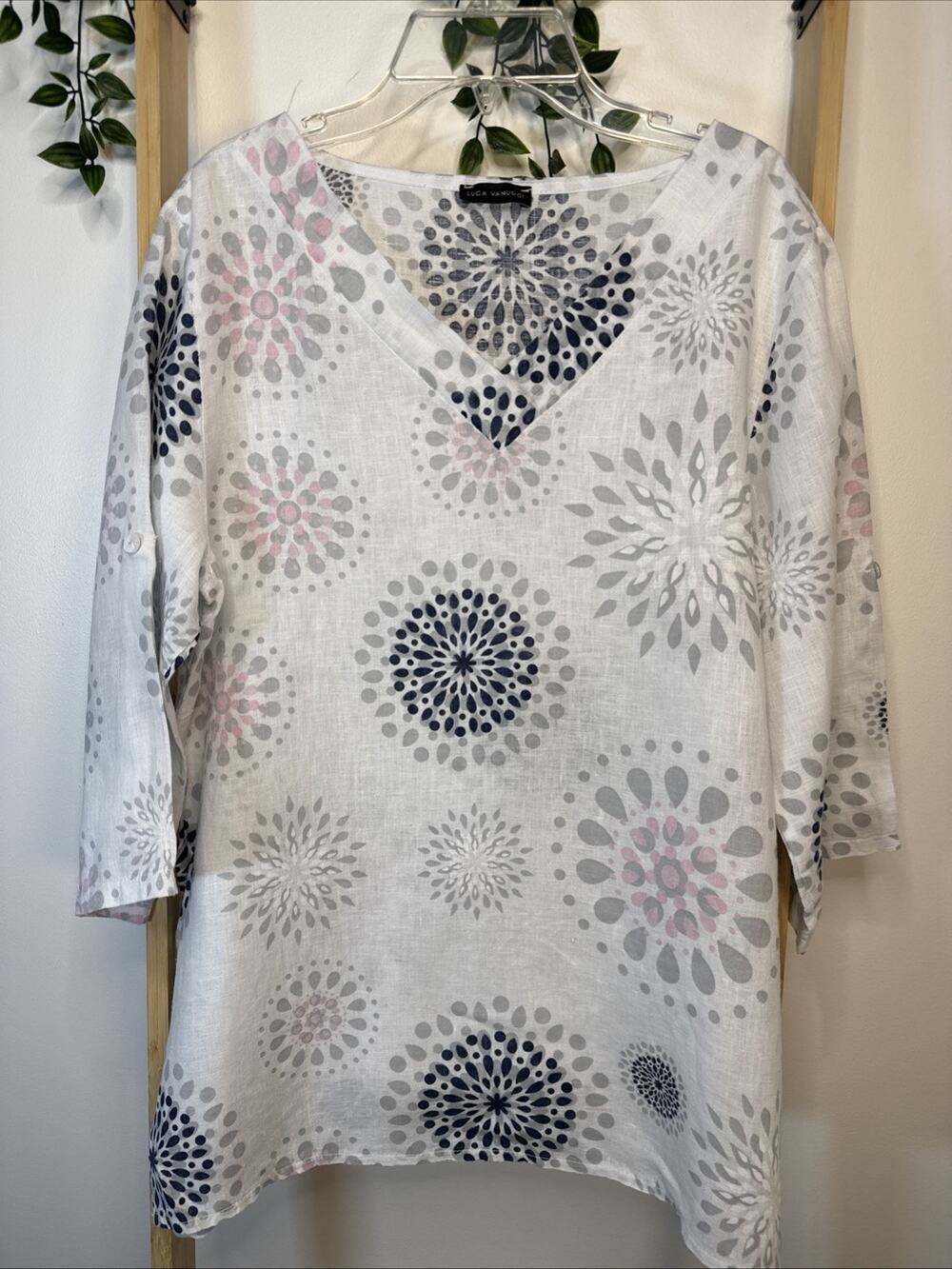Luca Vanucci Italian Linen relaxed Geometric 3/4 Sleeve Top , Size S